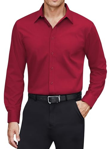 J.VER Mens Shirts Long Sleeve Formal Business Casual Regular Fit Plain Stretch Non Iron Fashion Dinner Prom Party Dating Dress Shirt Red M
