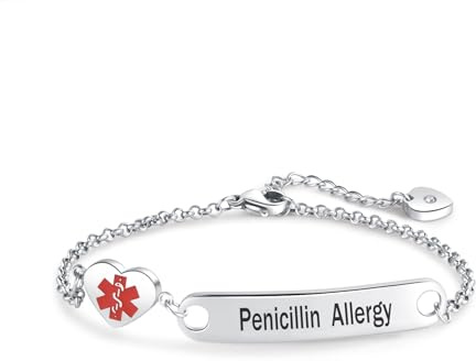 LSxAB Pulsera de identificación de alerta médica de corazón para mujeres y niñas, pulsera de cadena ajustable de acero inoxidable de primeros auxilios de emergencia