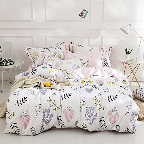 Bettwäsche-Set für Mädchen, Blumenmuster, Doppelbett, XL, Boho, Weiß, Rosa, Blumenmuster, Baumwolle, ästhetisch, Blumenzweig, Bettwäsche-Set, rosa Garten, Blumenzweig, XL-Bettbezug mit 2 Kissenbezügen