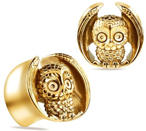 Longbeauty Damen Herren Ohr Plug Flesh Tunnel Set Double Flared Ohr Piercing Dehner Ohrenstöpsel aus Edelstahl mit Eule Uhu, 9mm, Gold