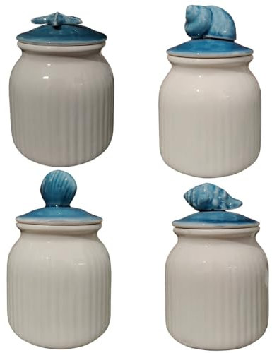Poker barattoli bianco in ceramica con decori marini set 4 contenitori porta sale zucchero caffè spezie per casa cucina