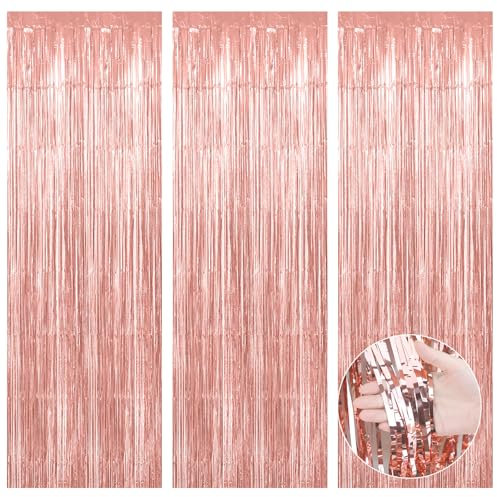 3 Stück Lametta Vorhang Roségold - 1x3m Glitzer Fransenvorhang für Hochzeit, Geburtstag, Bachelorette & Party Deko