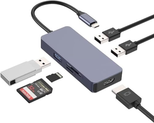 Tymyp USB C Hub, USB C Multiport LAN, 6 in 1 USB Erweiterung kompatibel mit Air/Pro/iPad/Surface/Anderen Type-C Geräten, 4K HDMI, USB 3.0, 2* USB 2.0, SD/TF 2.0