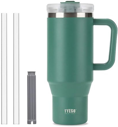 Coffee Cup Travel Mug with Handle, 40oz Tumbler with Lockable Lid, Stainless Steel Vacuum Insulated Water Bottle with Straw, Leakproof & Portable Travel Cup for Hot and Cold Drinks (Spruce Green)