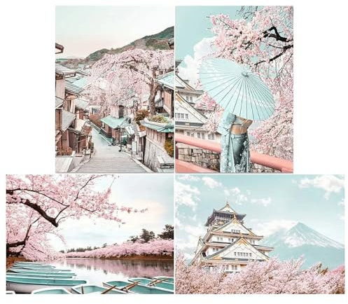 SHEGZHUC 4 Pack Diamond Painting Japan Landschaft - Kirschblüte, Berge Fuji, Seen, Kirschbaum, Japanische Geisha, Boot, Gasse - 30x40cm Diamant Malerei Wand Dekor