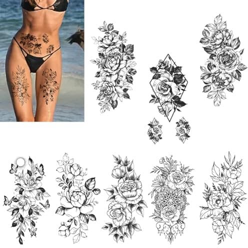 Rosen Tattoo, 8 BlätterTemporäre Tattoos,Tattoos für Erwachsene, Blume Tattoo, Fake Tattoo Frauen Party, Deko Geschenk, Festival Arm Tattoo(Große Blumen)