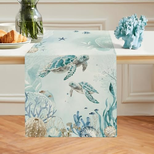 Bonhause Tischläufer Meeresschildkröte Blauer Ozean Tischläufer Nautische Küste Küche Esstisch Dekoration für Drinnen Draußen Urlaub Party Waschbar Wohnkultur Tafeltuch (33 x 183 cm)