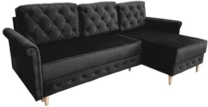 Meble Ares Moderne Sofa LILI - Elegante Ecksofa mit Schlaffunktion und Bettkasten - Praktische Schlafsofa Ausziehbar zum Wohnzimmer - Komfortabel Couch l Form - Sonoma Beine, Samt Schwarz