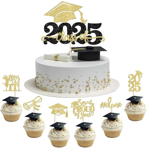 25 Stück 2025 Abschluss Tortendeko Graduation Grade Cap Kuchen Deko So Proud of You Cupcake Toppers für 2025 Abschluss Party Kuchen Dekoration Gold