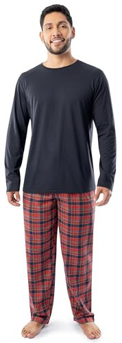 Fruit of the Loom Men's Jersey Knit Top and Flannel Pant Pajama Sleep Set, Navy/Red Plaid