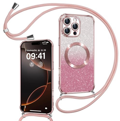 Phoona Handyband Hülle für iPhone 16 Pro mit Band kompatibel mit MagSafe, Luxuriöse Glitzer Beschichtung Magnetische Handyhülle für iPhone 16 Pro Stoßfest Schutzhülle, Rosa