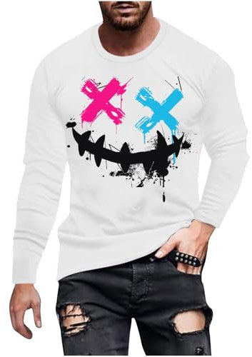 Dmmtot Mens Long Sleeve T Shirts Men's Graphic Print Drop Shoulder Crewneck Tee Shirts Sports Value Lightweight Tops Basic Streetwear Classic Active Athletic Basic Tops Basic White3 XXL