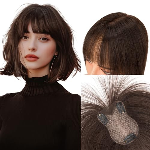 MY-LADY Hair Topper With Fringe 8x11cm Silk Base Hair Toppers For Thinning Hair Women Real Hair Human UK Hairpieces Clip in Extension #2 Dark Brown - 11 Inch