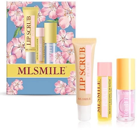 Peach Lip Scrub and Balm Set | 3-Steps Lip Care Gift Set with Lip Scrub Exfoliator+Lip Balms+Lip Oil | Lip Exfoliator Scrub for Polishing & Repairing Lips, Plumping Lip Gloss Clear