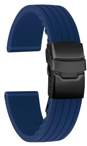 ULLCHRO Unisex Kautschuk Armband mit Edelstahl Schwarz Faltschließe 22mm Blau (Schwarze Schnalle)