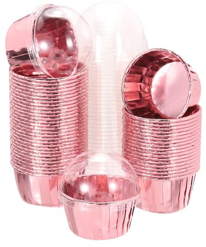 sourcing map 50 Pcs Double-Sided Aluminum Foil Cupcake Liners with Lids, Greaseproof Muffins Baking Cupcakes for Wedding Birthday Party Decoration, Rose Gold (Round)