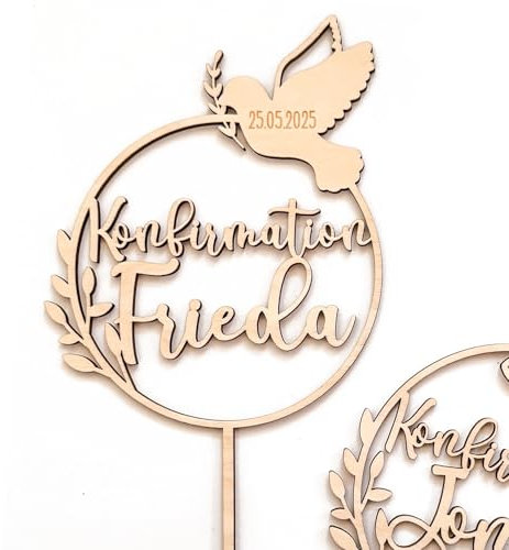 Konfirmation Cake Topper personalisiert aus Holz – Mit Name & Datum – Fisch oder Taube als Symbol – Individuelle Tortenstecker Deko christlich für Jungen und Mädchen
