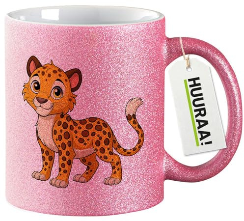 Huuraa Glitzertasse Leopard Comic Geschenk | Motivtasse 330ml Glitzer Tasse mit Spruch Pink Keramik Kaffeebecher Geschenkidee Pinker Glitter Becher mit Motiv