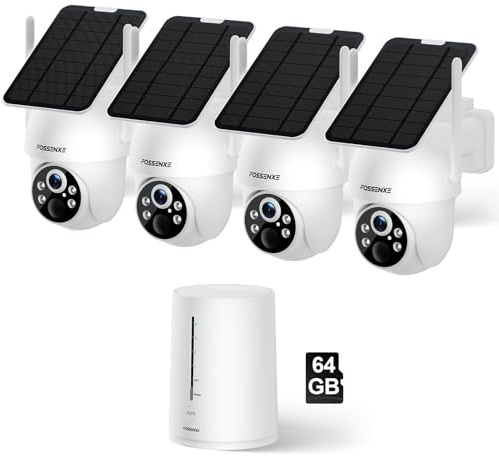 FOSSENXE Sistema inalámbrico de cámaras de Seguridad para Exteriores, Kit de 4 cámaras, sin suscripción, Funciona con energía Solar, Almacenamiento Local de 64 GB, Giro e inclinación de 360°, visión