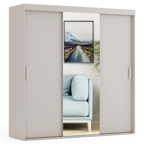 VIKK - Kleiderschrank - Garderobenschrank Groß mit Spiegel - 200x60x245cm - Schrank mit Schiebetüren, 2 Kleiderstangen - Schrank nach Bestelleingang gefertigt, Olen Kaschmir, Innenausstattung MAX
