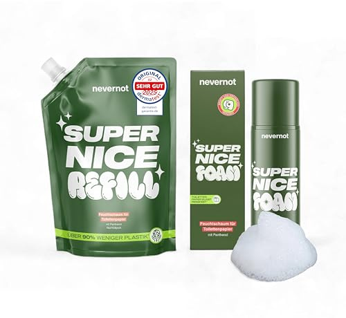 Super Nice Foam Feuchtschaum für Toilettenpapier Starter Set | 120 ml & Nachfüllpack 240 ml, Milder Reinigungsschaum, Panthenol, 98% Natürlich, Feuchttücher Ersatz, nevernot