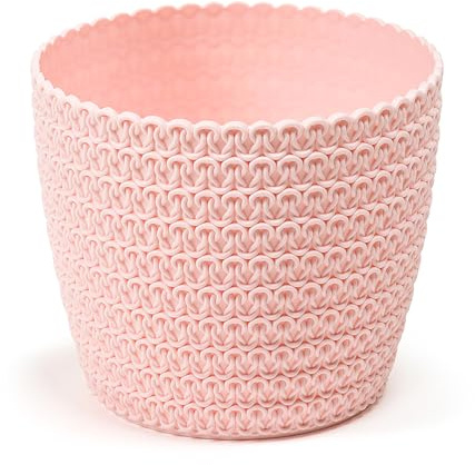 Home Garden Ornaments Plant Pots Indoor – Plastic Planter with Woven Effect Texture Without Drainage Holes Flower Pot (Pink-Beige, 14 cm / 5.5 inch)