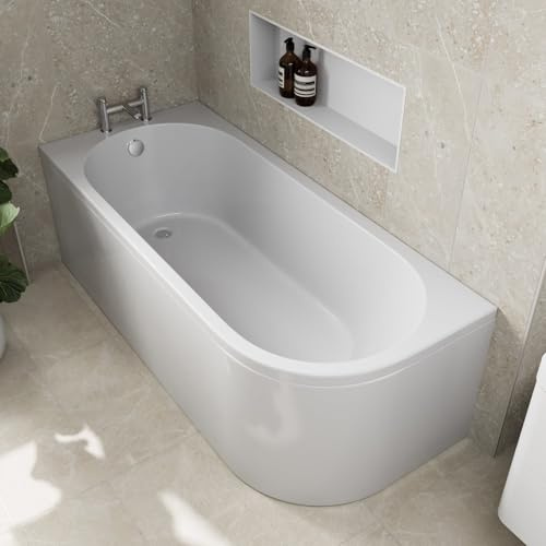 Baystone® 1700 x 725mm Single Ended J Shaped Shower Bath Tub with Side Panel White Gloss Acrylic Luxury for Bathroom Corner Modern - Left Hand