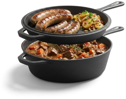 Gusseisen Topf Dutch Oven 2-in-1 Brat- & Schmorsystem, 26 cm – Bräter mit ofenfester Gusseisen-Deckel als zweite Pfanne (26CM)