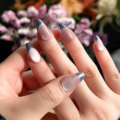 Cat Eye French Tip False Nails - Glossy Press on Nails Almond with Silver Tips - Acrylic Fake Nails with Glue Long Lasting - Removable Stick on Nails for Women Girls