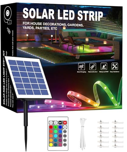 Meewata LED-Streifen für den Außenbereich, wasserdicht, 15 m RGBCW, Solar-LED-Streifen für den Außenbereich, selbstklebend, automatisches Ein-/Ausschalten, 16 Farben und 4 Modi, mit Fernbedienung