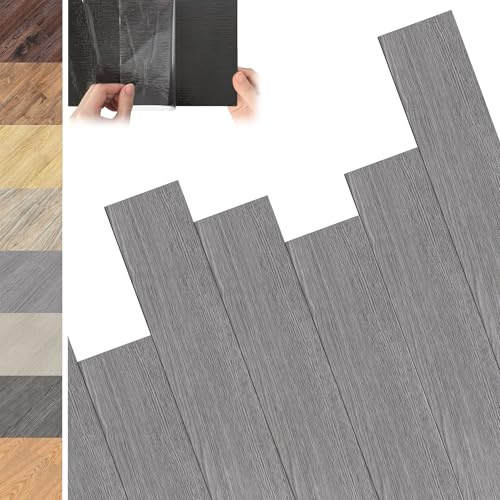 YRHome PVC Bodenbelag 10m² Grau, Selbstklebende Vinyl Fliesen mit Klicksystem, Holz-Effekt Vinylboden für Fußbodenheizung geeignet, Abmessungen 91,44cm x 15,24cm x 2mm, Inhalt 72 Fliesen