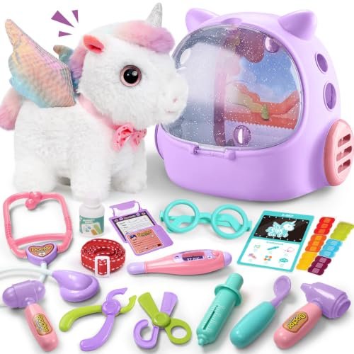 Einhorn Arztkoffer für Kinder mit Elektrischem Plüsch Einhorn und Rucksack | Einhorn Arztkoffer für Kinder mit Laufendem Plüsch Einhorn Arztzubehör Rucksack Rollenspiel Spielzeug Geschenk Mädchen