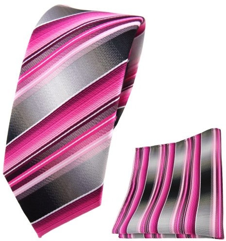 TigerTie - schmale Designer Krawatte Designer Einstecktuch in rosa pink magenta anthrazit silber grau gestreift - Krawattenbreite 6 cm