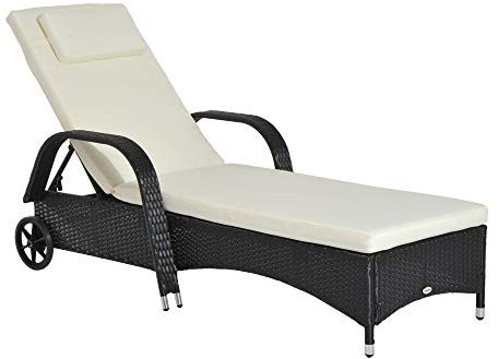 Outsunny Lettino Prendisole da Giardino con Ruote, Sedia a Sdraio per Spiaggia con Altezza Regolabile in Rattan, Nero e Crema, 200x73x103cm