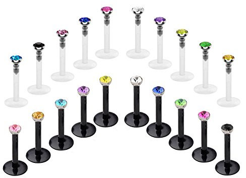 FECTAS 20 Stück 16 Gauge klarer Lippenstecker, flexibel, Piercing, Ohrpiercing, Labret, Piercing, Schmuck, 6/8/10 mm, Kunststoff, Zirkonoxid