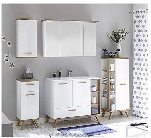 Pelipal - NOVENTA 15 - Badmöbel-Set - 101 cm - Badset 6-teilig auf Füßen stehend mit Spiegelschrank Mineralmarmor-Waschtisch usw. in weiß Glanz/Eiche Riviera