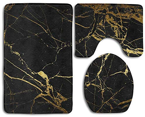 Badezimmerteppich mit Marmor-Muster, waschbar, rutschfest, 3-teiliges Set, Schwarz / goldfarben