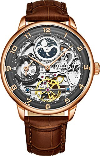 Stuhrling Original Herren-Skelett-Automatikuhr – analoges Zifferblatt, Dualzeit, AM/PM, Sonne und Mond, Herrenarmbanduhr