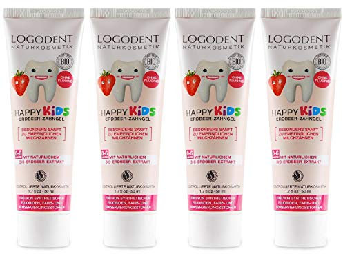 LOGODENT Kinder Zahngel Erdbeere (4x50 ml), natürliche Wirkstoffkombination aus Erdbeer-Aroma und Bio-Kamille, Bio Zahnpasta, Vegan, Fluoridfrei, Naturkosmetik