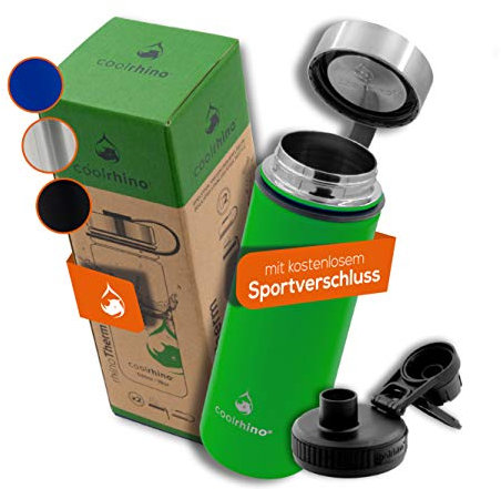 coolrhino leichte Edelstahl Trinkflasche 500ml / 1l Auslaufsicher, Kohlensäure geeignet, Isolierflasche für Sport, Outdoor & Kinder - Thermosflasche doppelwandig inkl. Sport-Deckel – Sport-Flasche