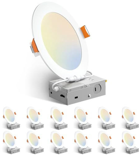 Amico 12 Pack 6 Inch 5CCT Ultra-Thin LED Recessed Ceiling Light with Junction Box, 1050LM Brightness, Dimmable Canless Wafer Downlight, 12W, ETL&FCC