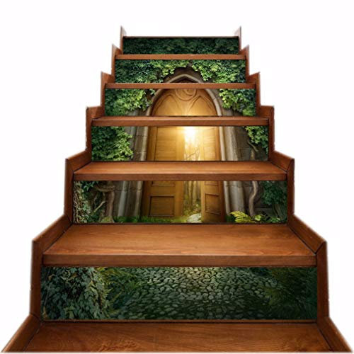 A.Monamour Treppenaufkleber Selbstklebend 3D Muster Fee Fantasie Baumhaus Tür Eingang Vinyl Wasserdicht Treppe Aufkleber Fliesenaufkleber Abziehbilder Wandaufkleber Wandtattoos DIY 6 Stücke