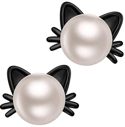 Boucles d'oreilles Chat pour Femmes Argent Sterling 925 Perle Boucles d'Oreilles à Tige Hypoallergénique Perles d'eau Douce Bijoux Cadeau pour Les Amoureux Des Chats noir