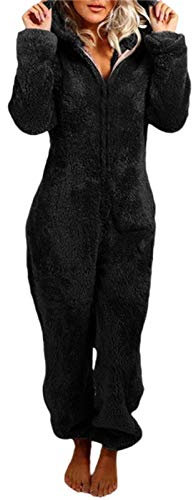 Grenouillère en Peluche pour Femme Pyjama Femme d' Hiver Combinaison avec Fermeture Éclair Vêtement de Nuit en Peluche (Noir, M)