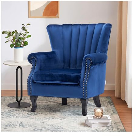 INMOZATA Navy Blue Armchair High Fireside Chair Velvet Accent Tub Chair Load Maximum Weight 150kg Queen Anne Chair for Living Room Bedroom Dining Reception(Navy Blue)