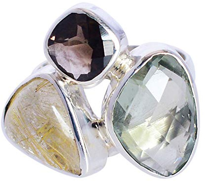 Ring aus massivem 925er Sterlingsilber mit grünem Amethyst, goldenem Rutil, Rauchquarz, toller Designer-Schmuck, -5533, Stein:, Grüner Amethyst, goldenes Rutil, Rauchquarz