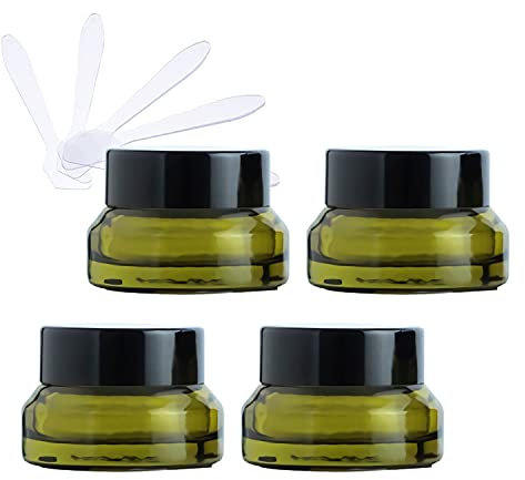 ZEOABSY 4 Pièce Petits Pots en Verre 15ml Vert Bocaux en Verre Cosmétique avec Bouchon à vis Vides avec Bouchon Intérieur et 4X Spatule pour Crèmes Fait Maison,Poudres,Baume À Levrès