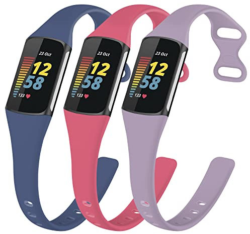 TopPerfekt Schmale Armbänder kompatibel mit Fitbit Charge 5 Damen Herren, verstellbares weiches Silikon, Sport-Ersatzarmband für Charge 5 (3-Lavender/Rosa/Blaugrau)