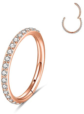 PunkTracker 316L Surgical Steel CZ Nose Ring Septum Ring, Body Jewellery Helix Earring Tragus Earrings, Rook Conch Nose Piercing Jewellery Hoop Earring - Silver/Gold/Rose Gold