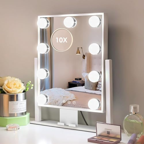 Makeup Mirror with Lights, 3-Color Dimmable Vanity Mirror, 30 x 36 cm | Touch Sensor, Adjustable Brightness,Removable Phone Holder, Round 3.5 10X Spot Magnifying, 360 Rotation